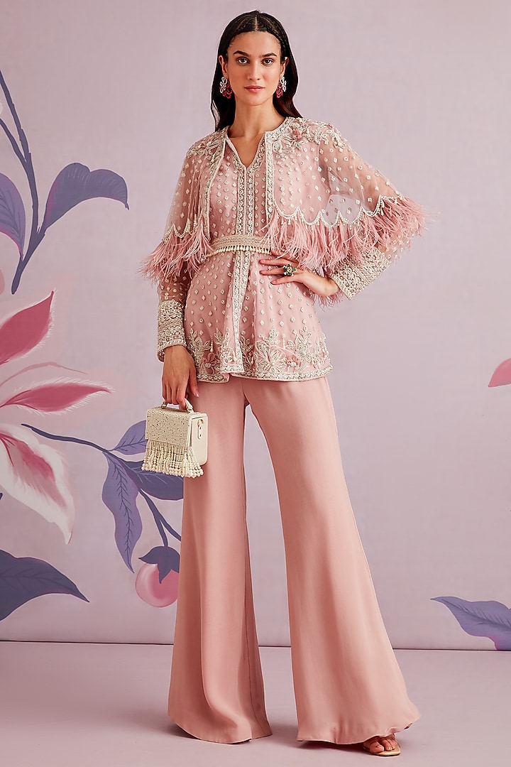 Light Onion Pink Embroidered Cape Set by Ridhi Mehra at Pernia's Pop Up Shop