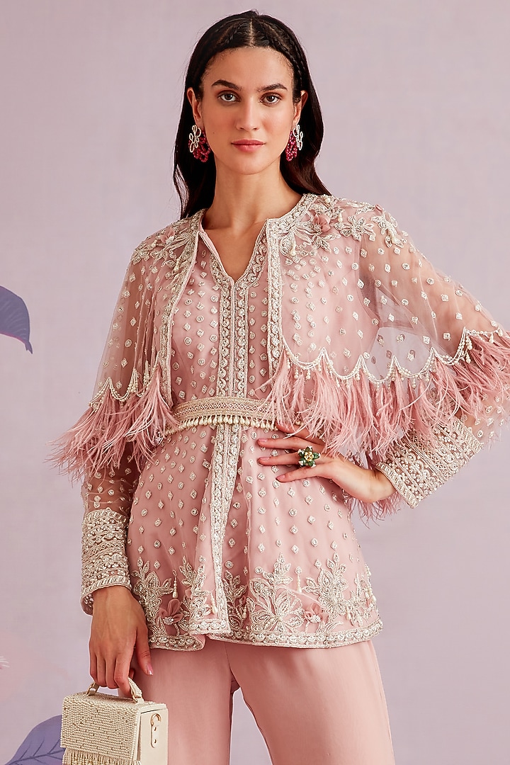 Light Onion Pink Embroidered Cape Set by Ridhi Mehra at Pernia's Pop Up Shop
