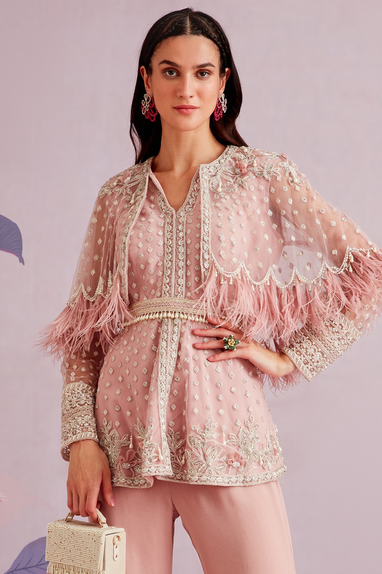 Onion Pink Embroidered Cape Top and Skirt Set main image 0