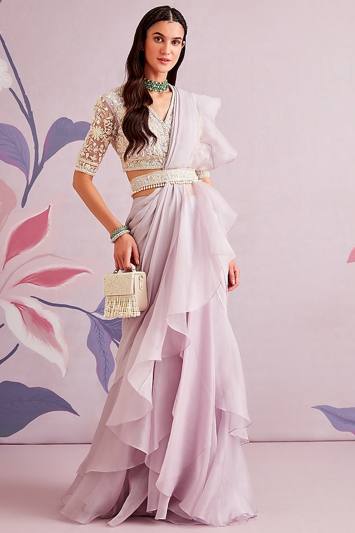 Lilac Chiffon & Organza Embroidered Pre-Draped Saree Set by Ridhi Mehra