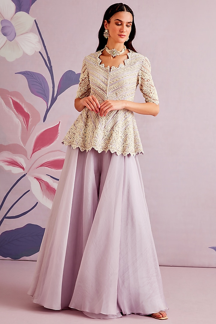 Lilac Embroidered Gharara Set by Ridhi Mehra