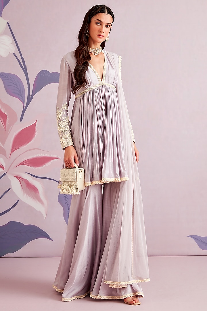 Lilac Embroidered Short Anarkali Set by Ridhi Mehra