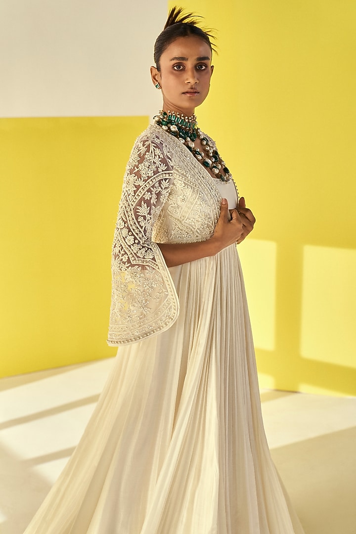 Ivory Fine Silk Embroidered Bridal Anarkali Set by Ridhi Mehra at Pernia's Pop Up Shop