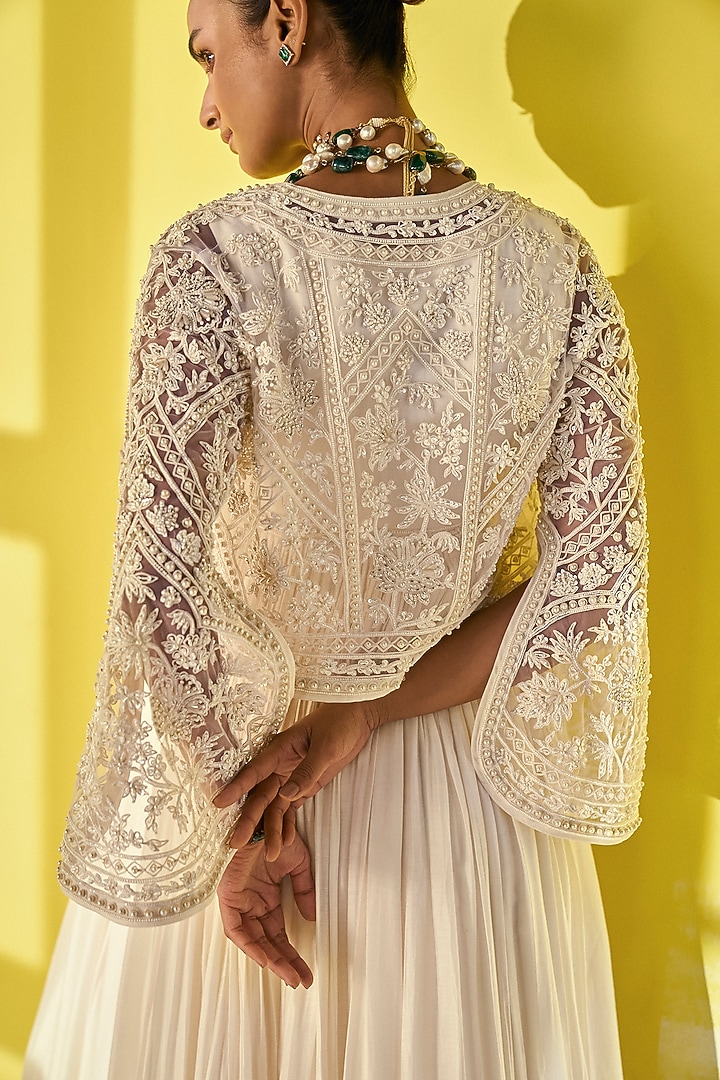 Ivory Fine Silk Embroidered Bridal Anarkali Set by Ridhi Mehra at Pernia's Pop Up Shop