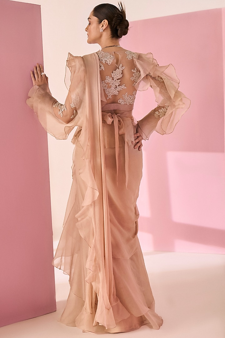 Dark Champagne Chiffon & Organza Ruffled Draped Reception Saree Set by Ridhi Mehra at Pernia's Pop Up Shop