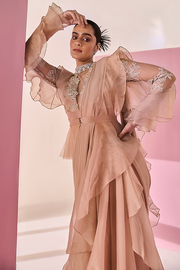 Dark Champagne Chiffon & Organza Ruffled Draped Reception Saree Set by Ridhi Mehra at Pernia's Pop Up Shop