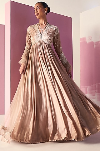 Dark Champagne Fine Silk Embroidered Anarkali Set by Ridhi Mehra