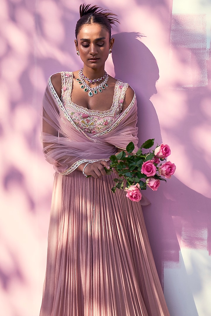 Dusty Pink Chiffon Wedding Lehenga Set by Ridhi Mehra at Pernia's Pop Up Shop