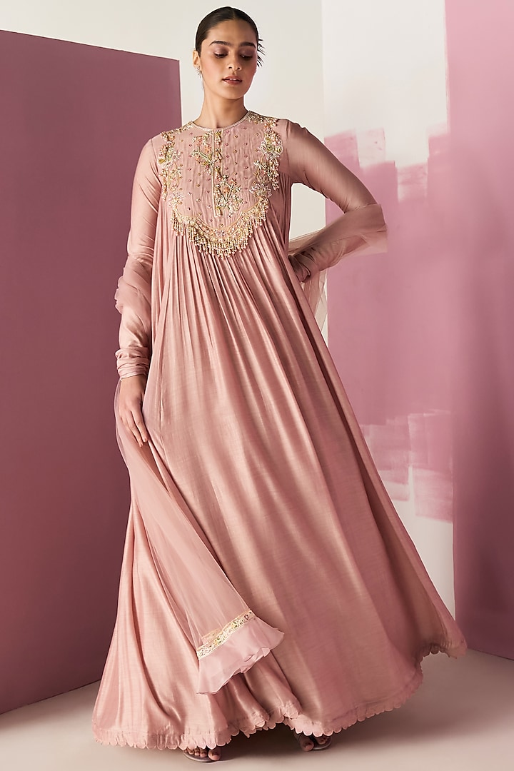Dusty Pink Fine Silk Embroidered Anarkali Set by Ridhi Mehra