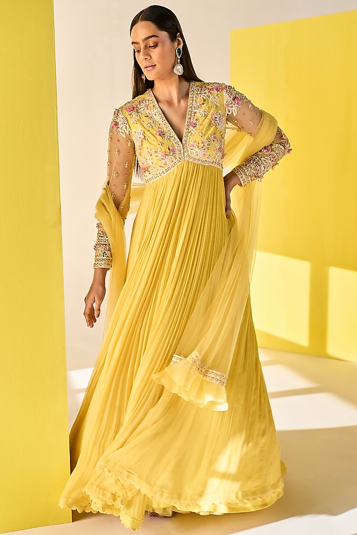Yellow Chiffon & Net Embroidered Anarkali Set by Ridhi Mehra