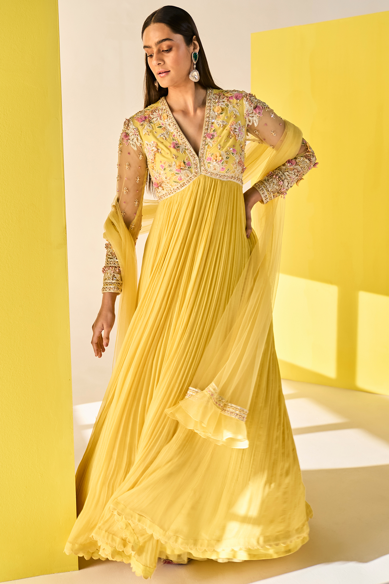 Yellow Chiffon & Net Embroidered Anarkali Set by Ridhi Mehra