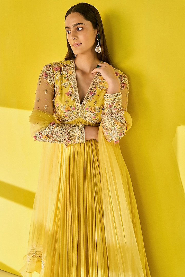 Yellow Chiffon & Net Embroidered Bridal Anarkali Set by Ridhi Mehra at Pernia's Pop Up Shop
