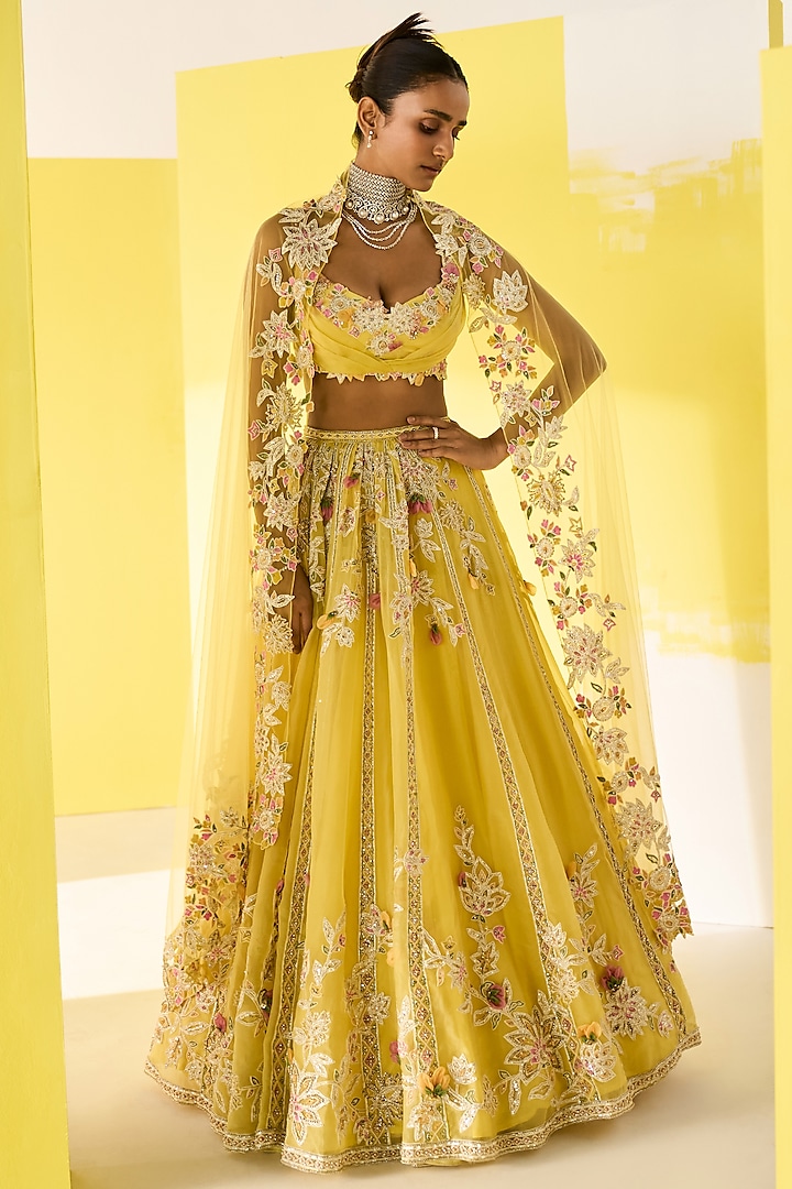 Dhvani Bhanushali in Yellow Organza Embroidery Bridal Lehenga Set