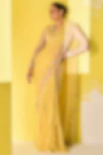 Yellow Chiffon Embroidered Draped Skirt Saree Set by Ridhi Mehra