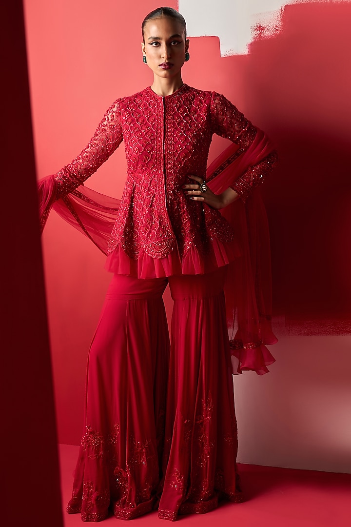 Red Georgette Gharara Set by Ridhi Mehra