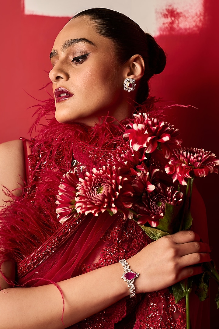 Red Net Embroidered Bridal Saree Set by Ridhi Mehra at Pernia's Pop Up Shop