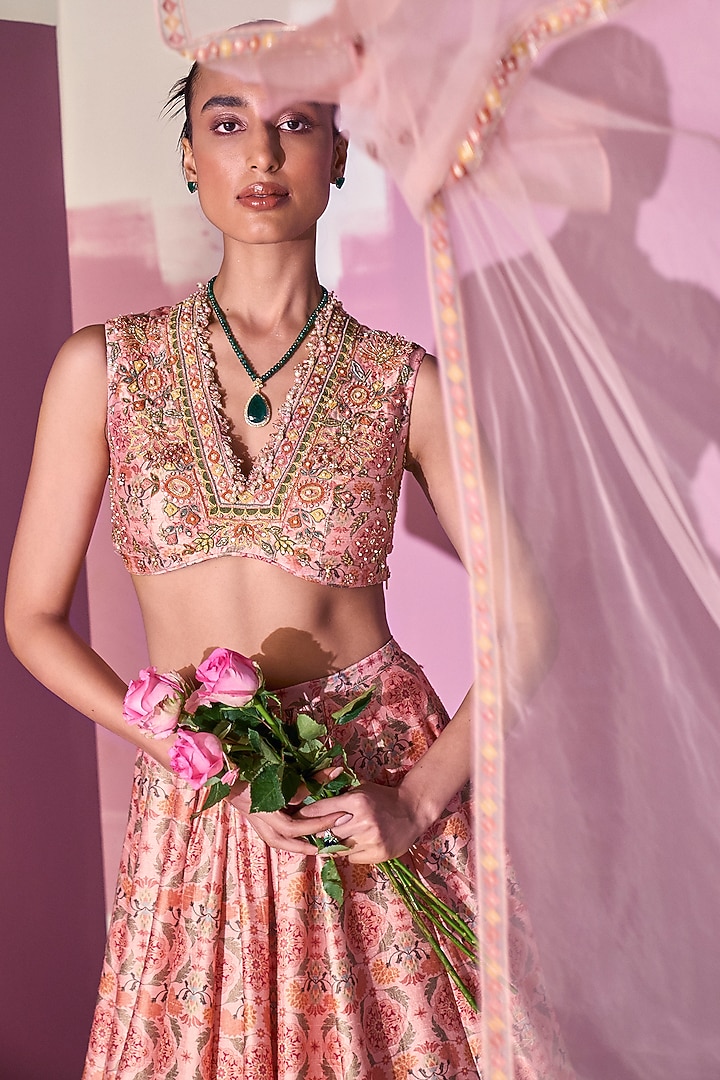 Light Pink Raw Silk Printed Wedding Lehenga Set by Ridhi Mehra at Pernia's Pop Up Shop