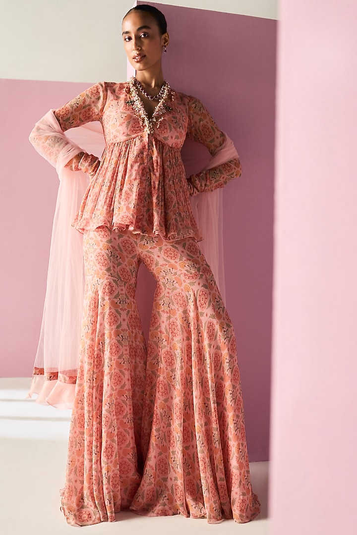 Light PInk Chiffon Printed Gharara Set by Ridhi Mehra at Pernia's Pop Up Shop