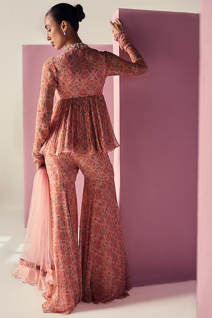 Light PInk Chiffon Printed Gharara Set by Ridhi Mehra at Pernia's Pop Up Shop
