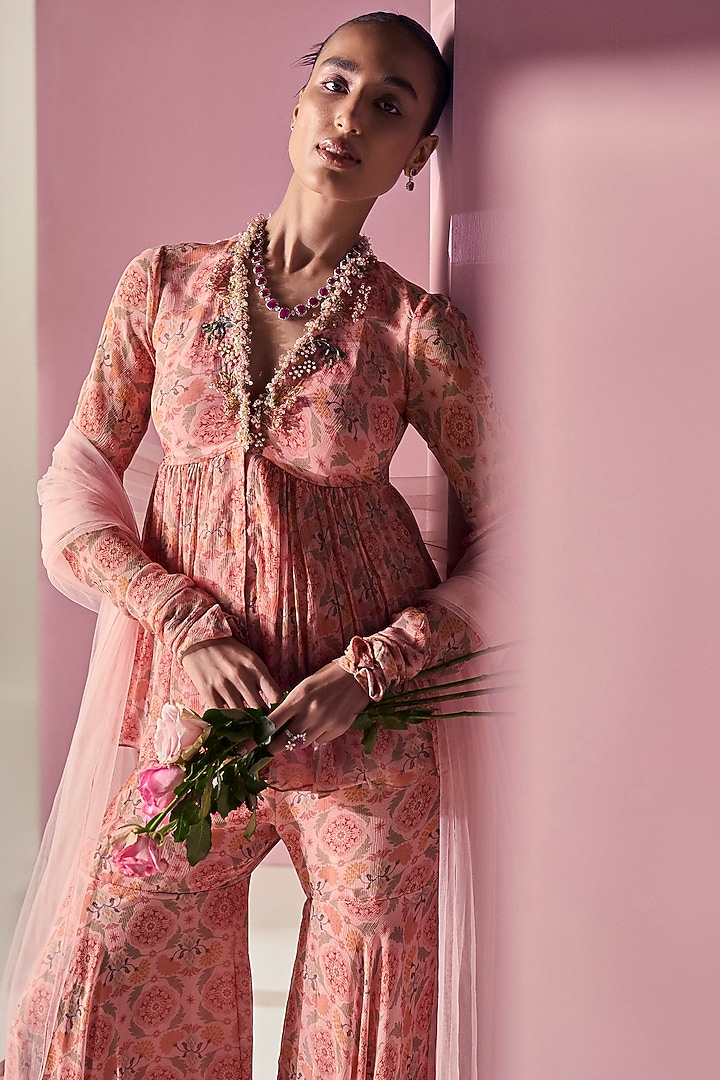 Light PInk Chiffon Printed Gharara Set by Ridhi Mehra at Pernia's Pop Up Shop