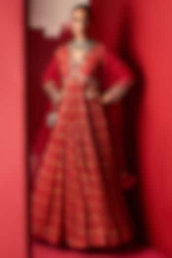 Red Chiffon Printed & Embroidered Anarkali Set by Ridhi Mehra
