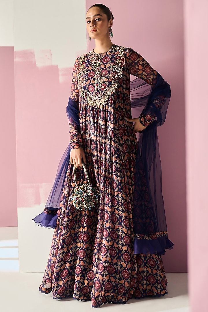 Navy Blue Chiffon Printed & Embroidered Anarkali Set by Ridhi Mehra