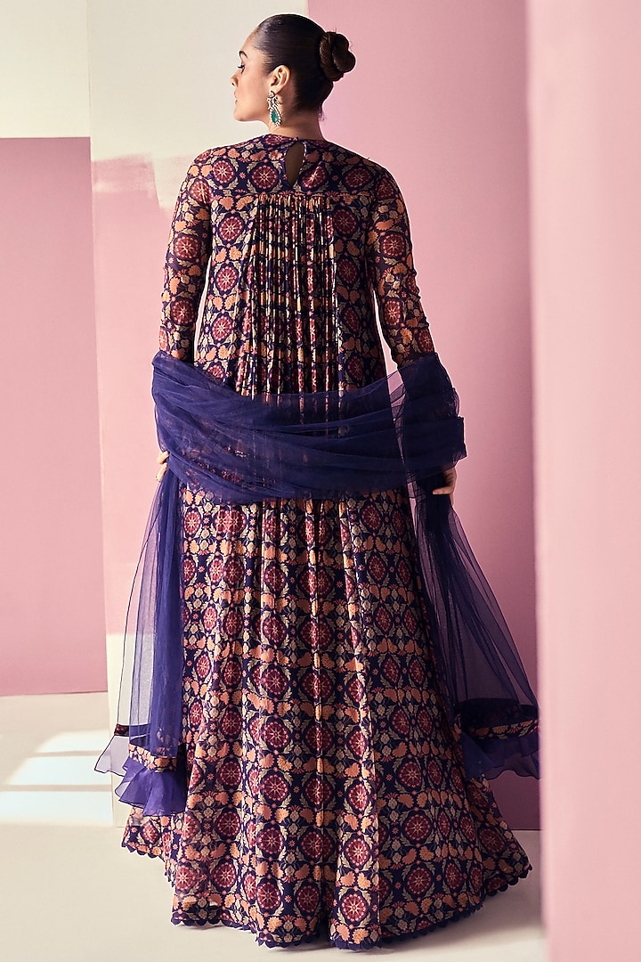 Navy Blue Chiffon Printed & Embroidered Bridal Anarkali Set by Ridhi Mehra at Pernia's Pop Up Shop