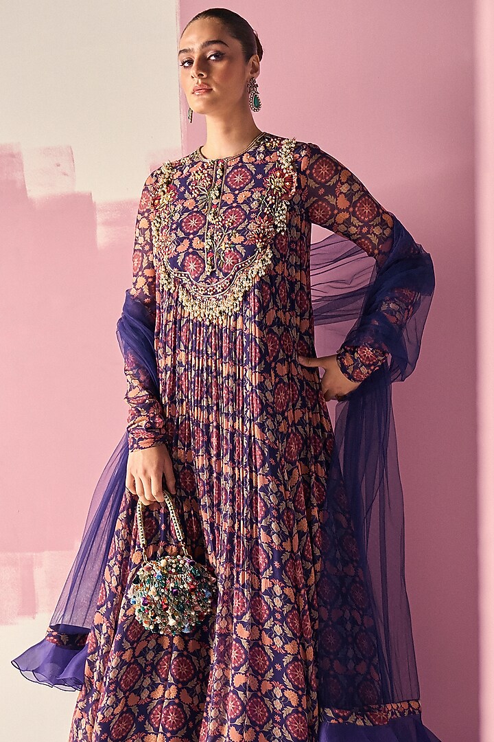Navy Blue Chiffon Printed & Embroidered Bridal Anarkali Set by Ridhi Mehra at Pernia's Pop Up Shop