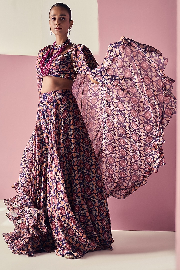 Navy Blue Chiffon Printed Cape Set by Ridhi Mehra at Pernia's Pop Up Shop