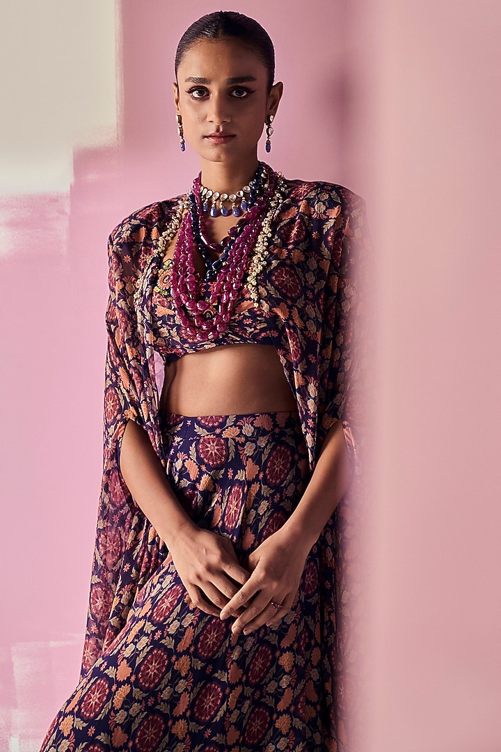 Navy Blue Chiffon Printed Cape Set by Ridhi Mehra at Pernia's Pop Up Shop