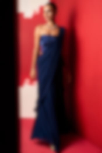 Navy Blue Georgette Draped Wedding Saree Set by Ridhi Mehra at Pernia's Pop Up Shop