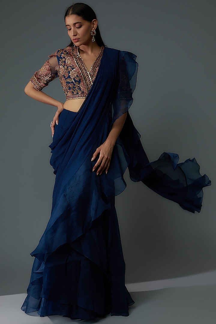 Midnight Blue Chiffon & Organza Draped Saree Set by Ridhi Mehra at Pernia's Pop Up Shop