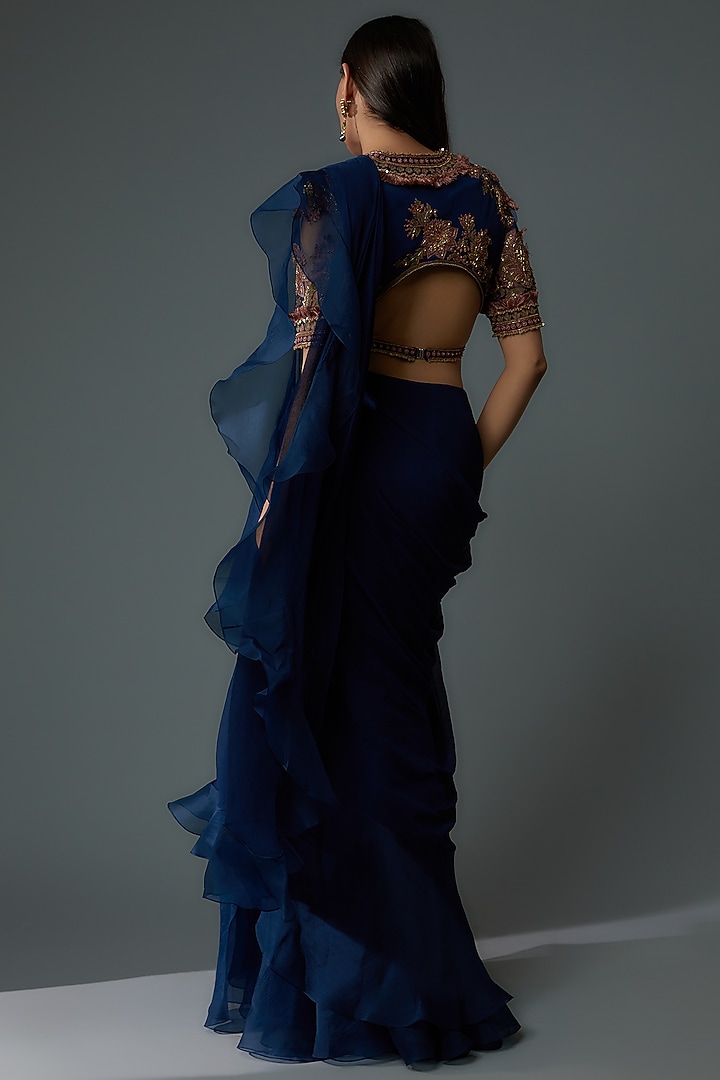 Midnight Blue Chiffon & Organza Draped Reception Saree Set by Ridhi Mehra at Pernia's Pop Up Shop
