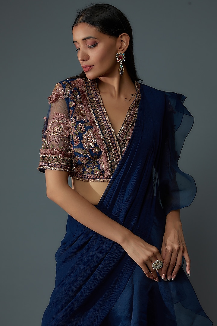 Midnight Blue Chiffon & Organza Draped Reception Saree Set by Ridhi Mehra at Pernia's Pop Up Shop