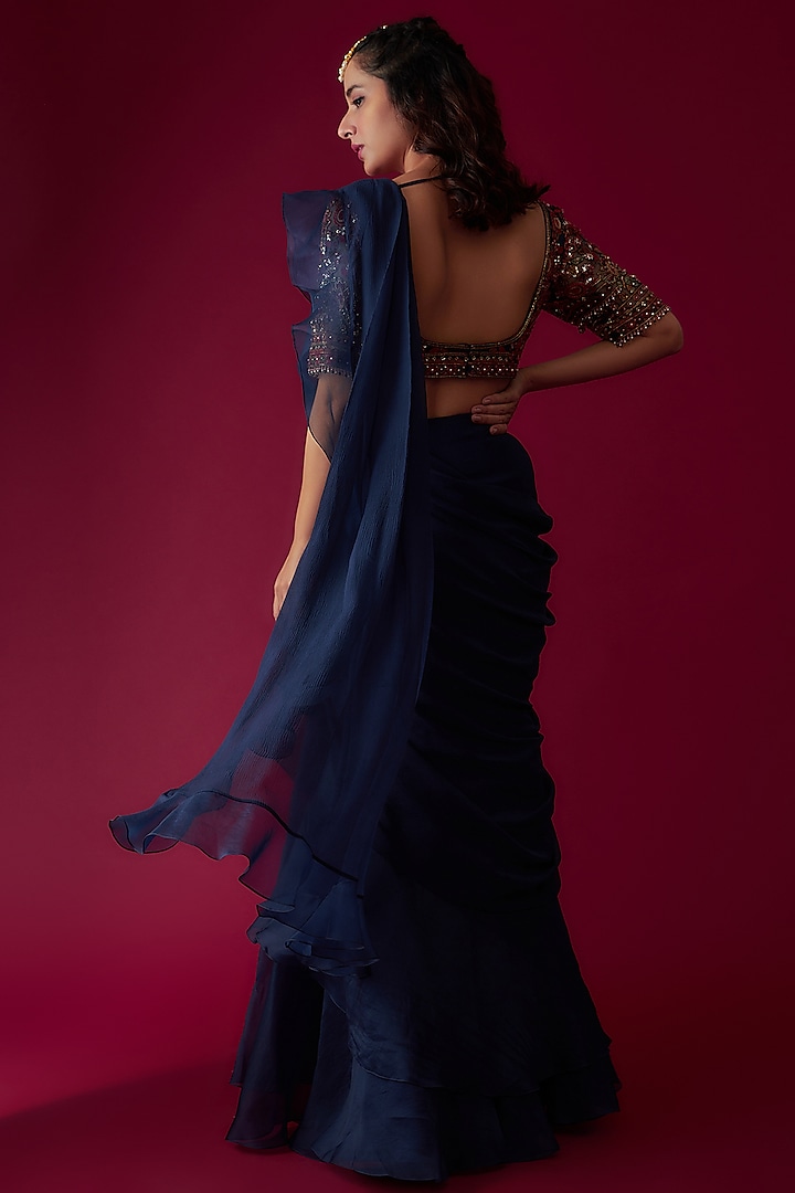 Navy Blue Chiffon Organza Draped Reception Saree Set by Ridhi Mehra at Pernia's Pop Up Shop