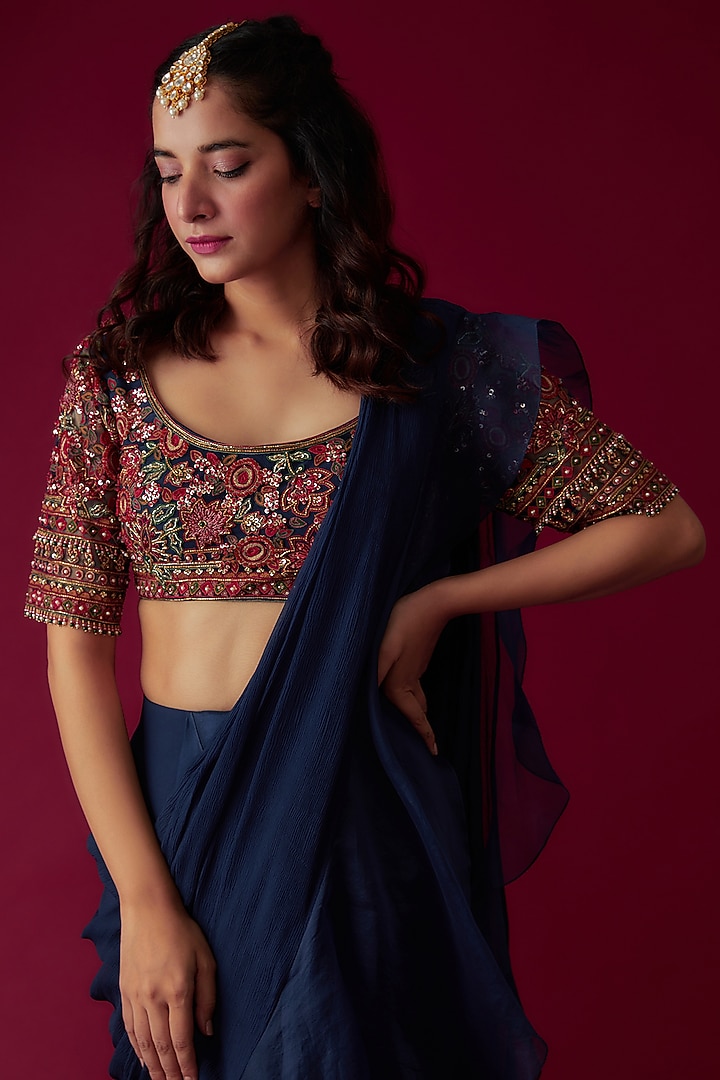 Navy Blue Chiffon Organza Draped Reception Saree Set by Ridhi Mehra at Pernia's Pop Up Shop