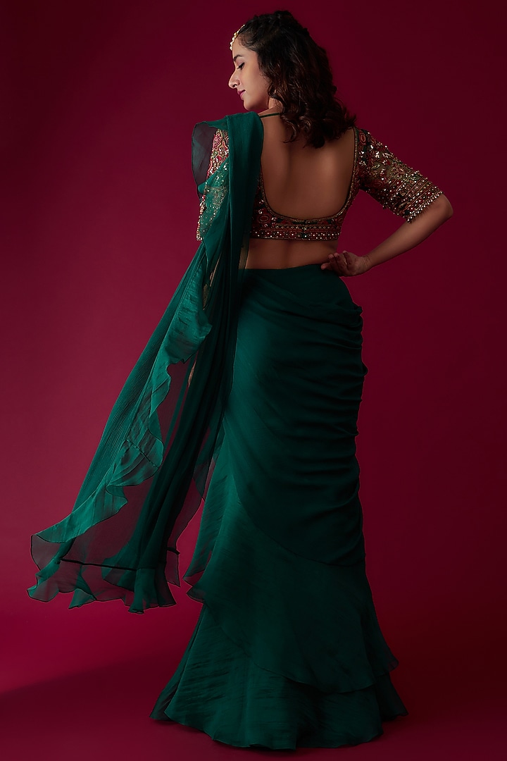 Green Chiffon Organza Draped Reception Saree Set by Ridhi Mehra at Pernia's Pop Up Shop