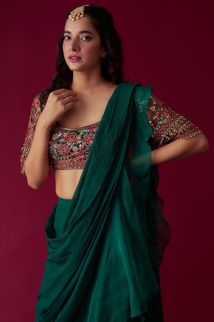 Green Chiffon Organza Draped Reception Saree Set by Ridhi Mehra at Pernia's Pop Up Shop