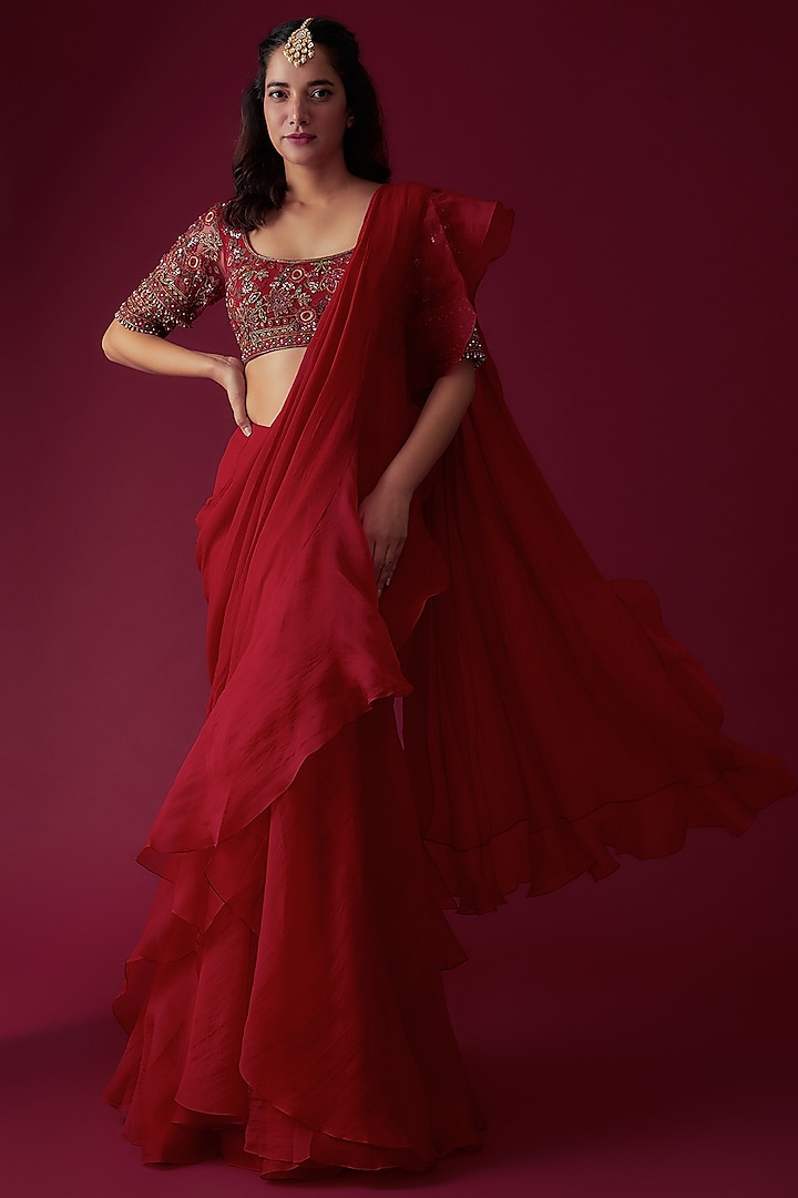 Red Chiffon Organza Draped Saree Set by Ridhi Mehra