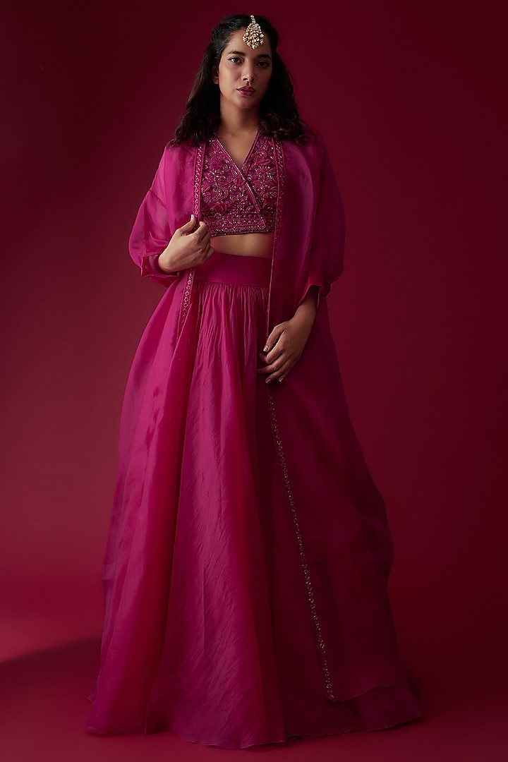 Fuchsia Pink Organza Jacket Lehenga Set by Ridhi Mehra