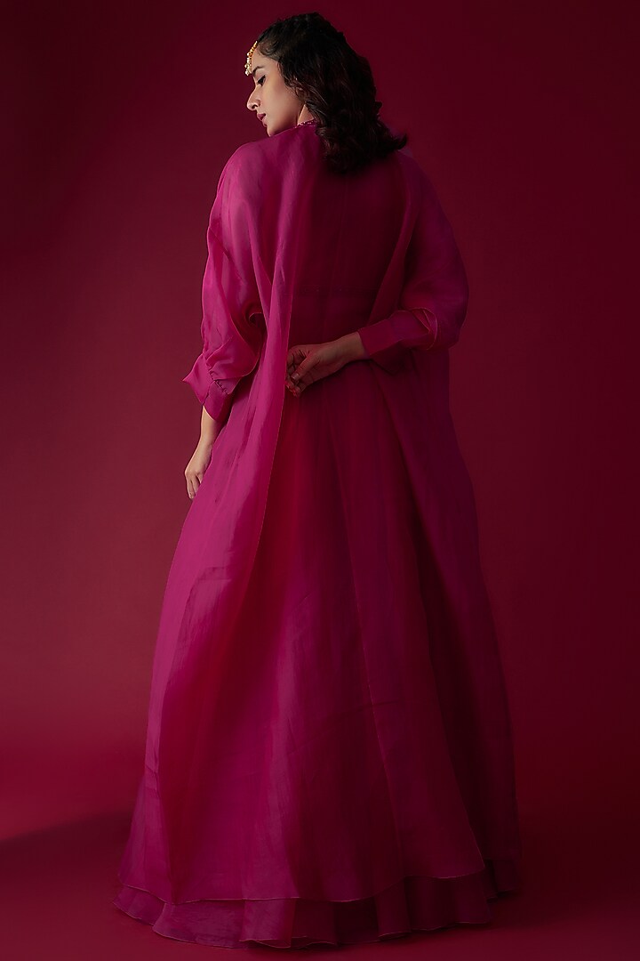 Fuchsia Pink Organza Jacket Wedding Lehenga Set by Ridhi Mehra at Pernia's Pop Up Shop