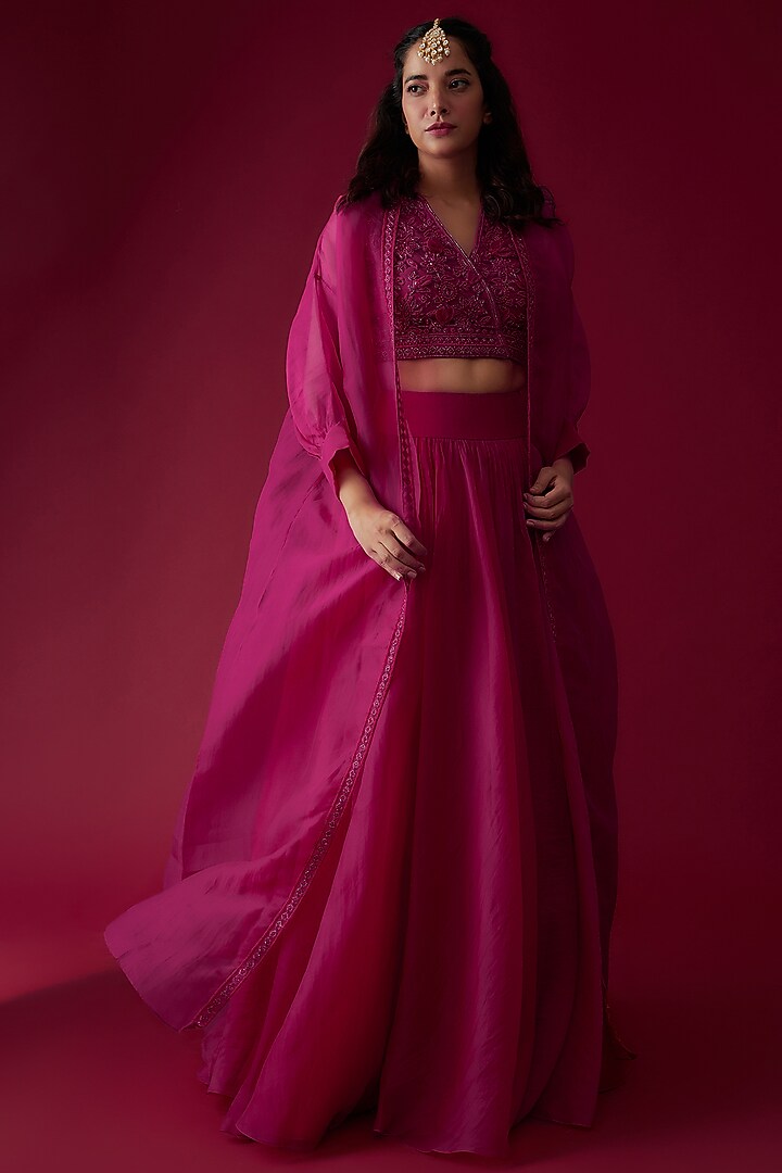 Fuchsia Pink Organza Jacket Wedding Lehenga Set by Ridhi Mehra at Pernia's Pop Up Shop