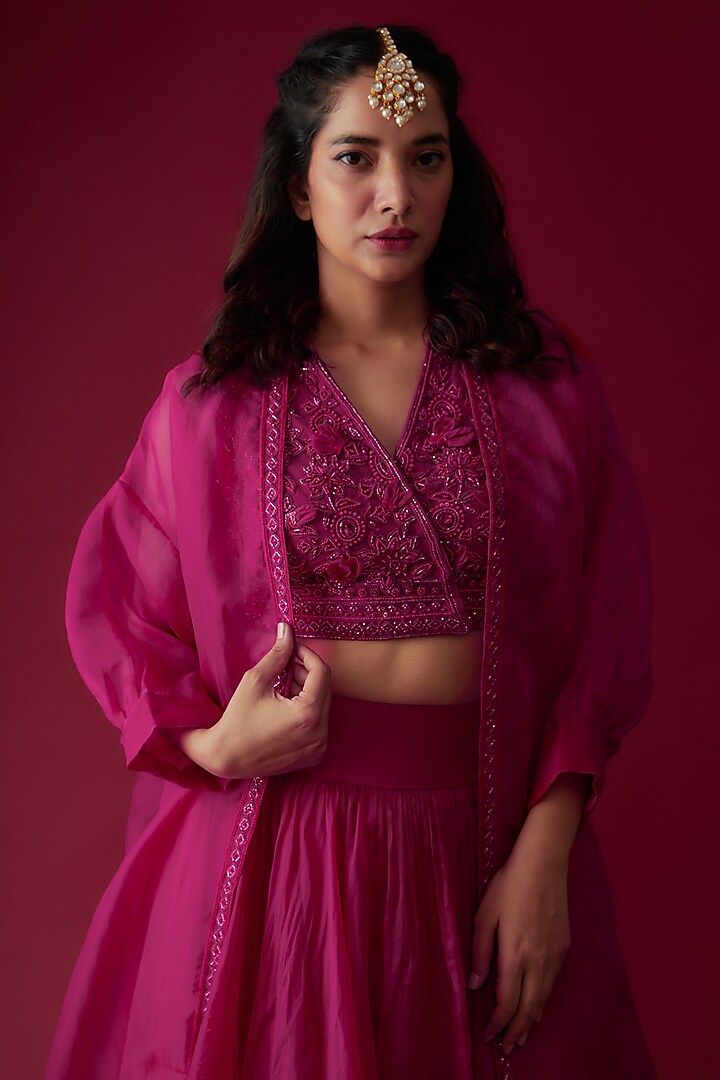 Fuchsia Pink Organza Jacket Wedding Lehenga Set by Ridhi Mehra at Pernia's Pop Up Shop