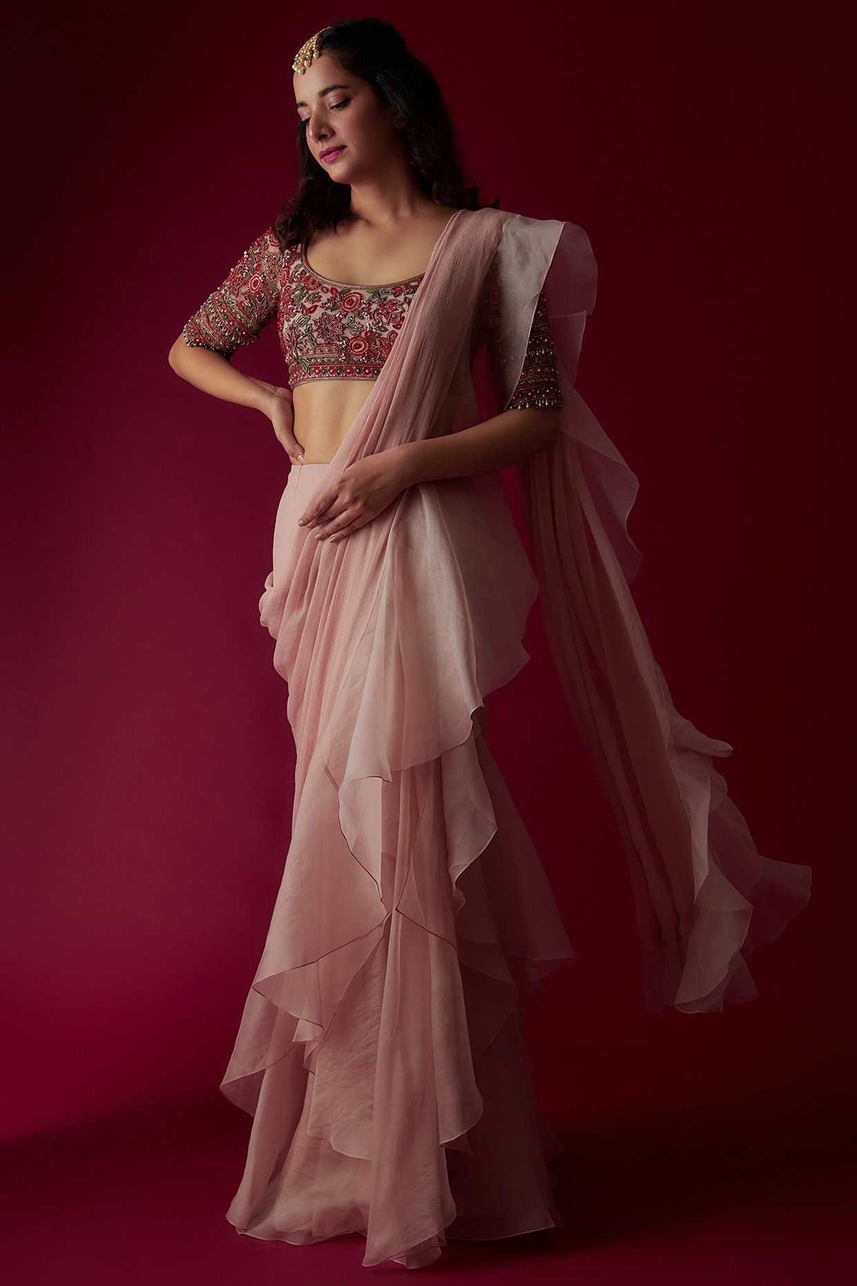 Baby Pink Color Georgette Base Sequined Saree With Fancy Blouse