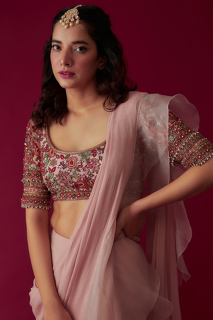 Baby Pink Chiffon Organza Draped Reception Saree Set by Ridhi Mehra at Pernia's Pop Up Shop