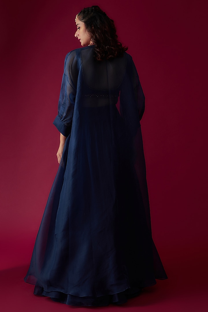 Navy Blue Organza Jacket Wedding Lehenga Set by Ridhi Mehra at Pernia's Pop Up Shop