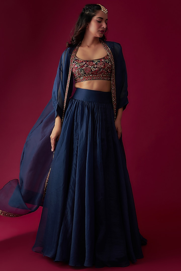Navy Blue Organza Jacket Wedding Lehenga Set by Ridhi Mehra at Pernia's Pop Up Shop