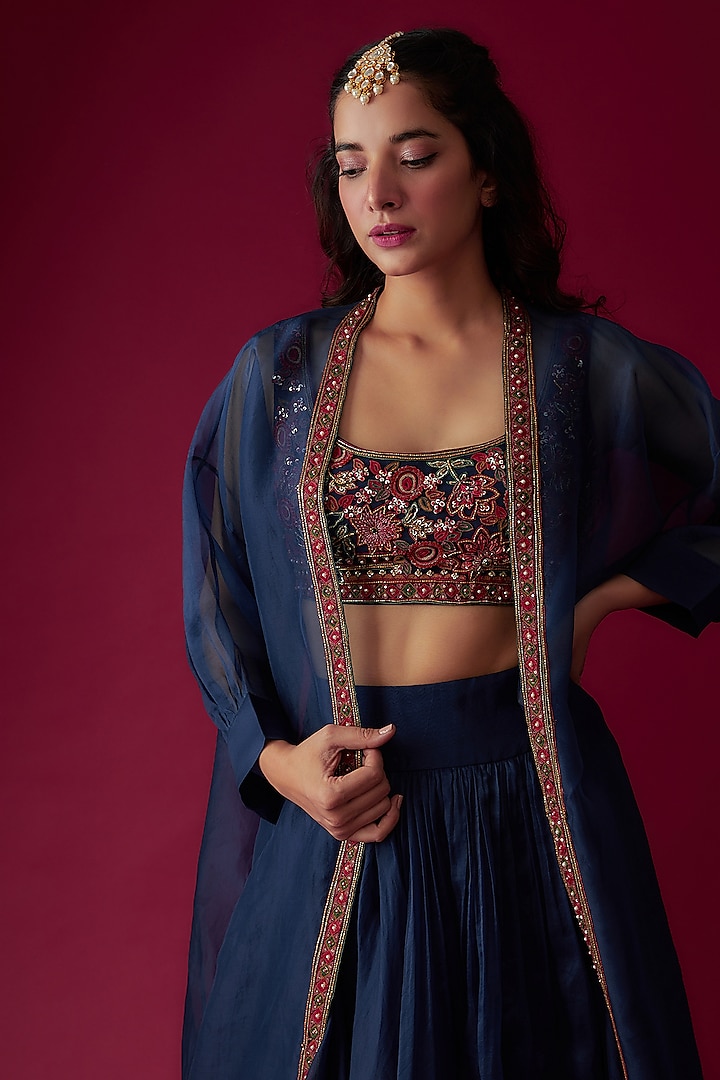 Navy Blue Organza Jacket Wedding Lehenga Set by Ridhi Mehra at Pernia's Pop Up Shop
