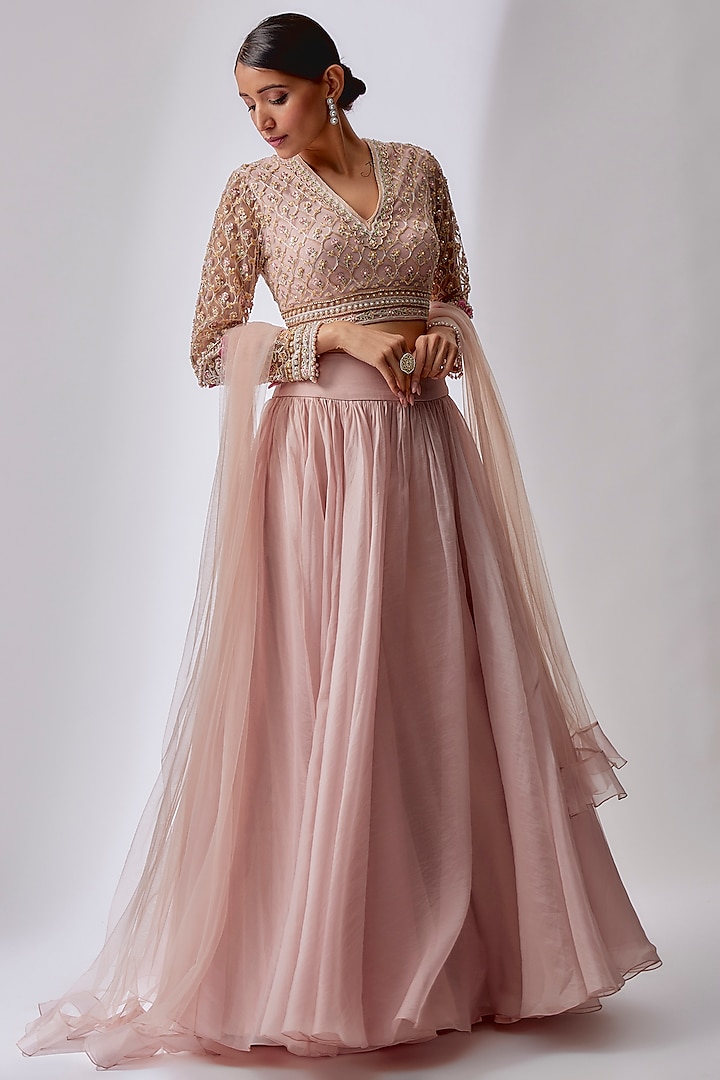 Dusty Pink Organza & Net Embroidered Bridal lehenga for 22 Lehenga Set by Ridhi Mehra at Pernia's Pop Up Shop