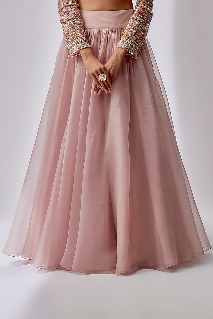 Dusty Pink Organza & Net Embroidered Wedding Lehenga Set by Ridhi Mehra at Pernia's Pop Up Shop